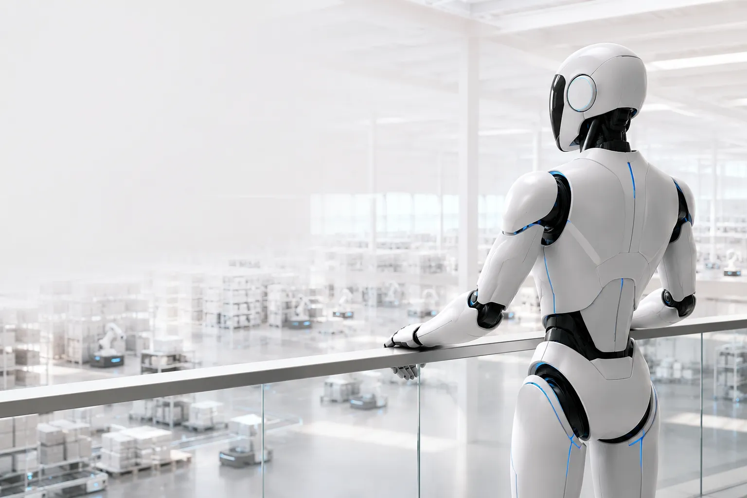Humanoid robot aan het werk op een mezzanine in een magazijn